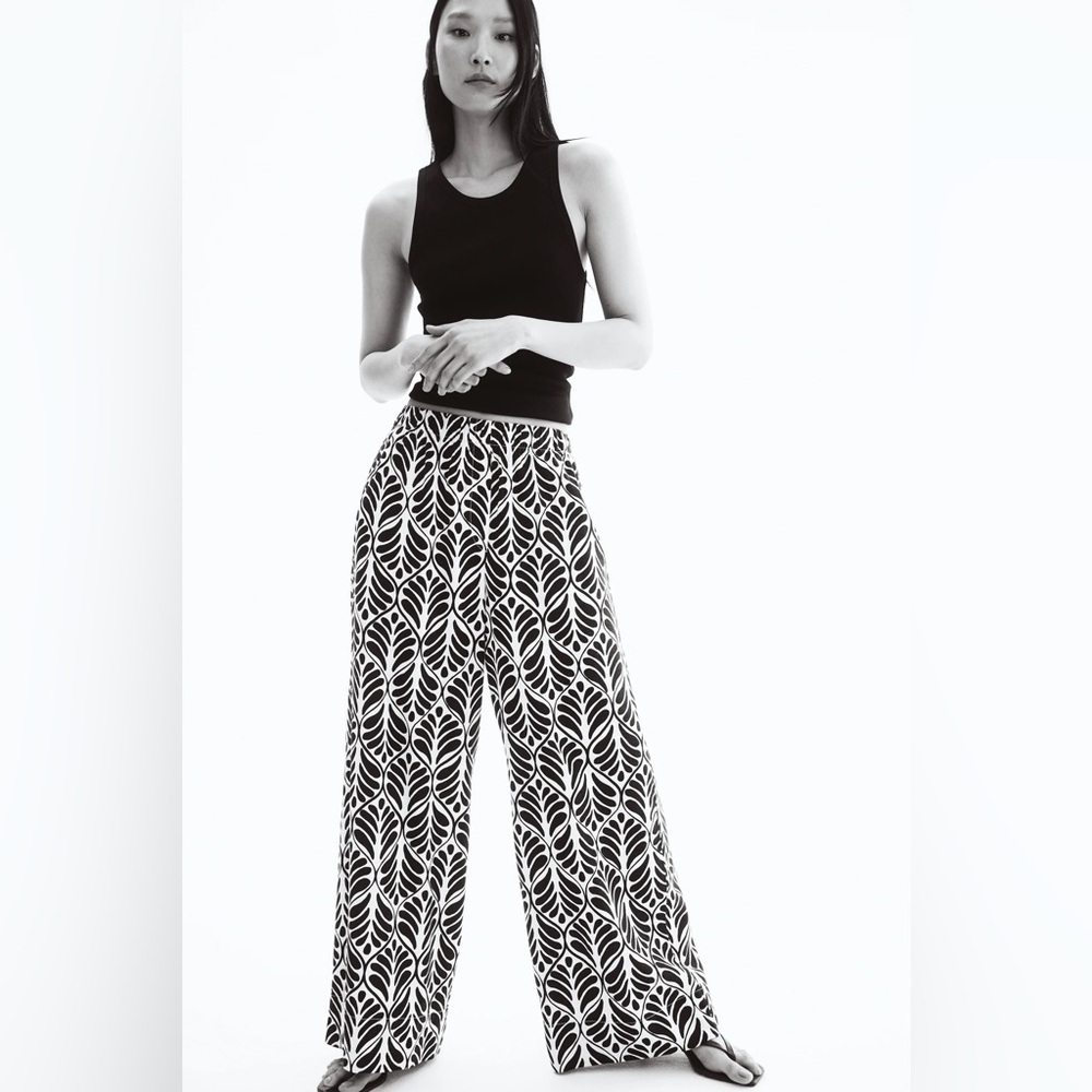 NWT H&M Women’s Wide Leg Linen-Blend Patterned Pants Black/White M